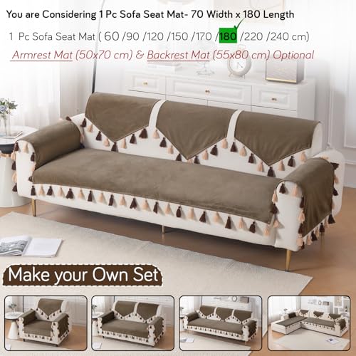 Image of HOKIPO Sofa Cover Mat with Tassel for 1 /2 /3 Seater & L Shape Sofa | DIY Sofa Cover Set | Dyed Holland Velvet | 'TasselTone Series' 70(W) x 180(L) cm |Coffee Brown (IN-1109-CF)
