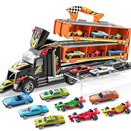 JOYIN Camiões brinquedo para crianças, 12 veículos de brinquedo de metal fundido a pressão com 2 lançadores, brinquedo dobrável Street Racer com luzes e som, presente para crianças de 3 anos a partir