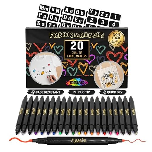 Mosaiz Dual Tip Fabric Markers, 20 Chisel and Fine Tip Markers Fabric Paint Pens for Fabric Decorating with Gold and Silver Colors including Numbers and Letter Stencils