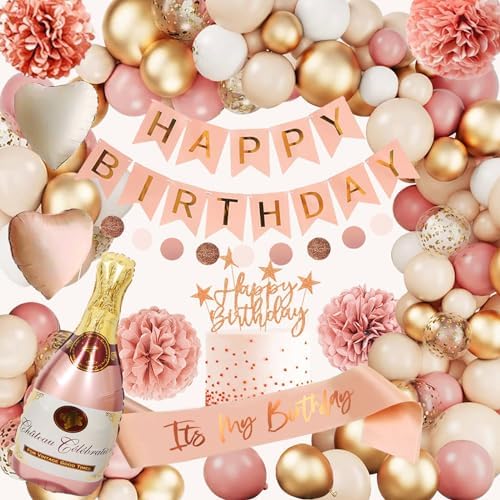 Geburtstagsdeko Mädchen Frauen, Geburtstag Deko Rosa Beige, Deko Geburtstag | Kindergeburtstag Birthday Decorations mit Happy Birthday Girlande Ballon Girlande Pompons für Boho Par