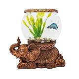 THE NIFTY NOOK New Good Luck Decorative Gold Antiqued Elephant Glass Fish Bowl Tabletop Aquarium or Terrarium or Candle Holder, New 1 Gallon Size Fish Bowl with River Rocks