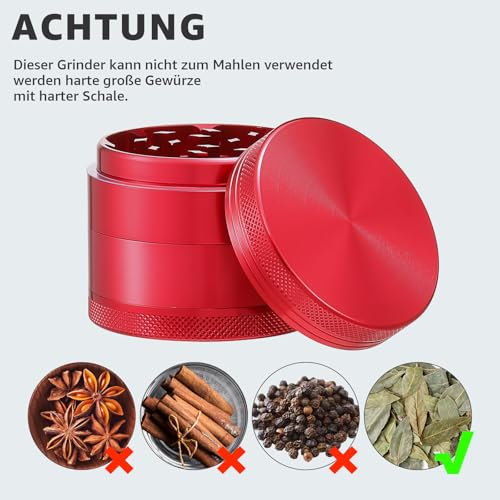 DCOU Premium Aluminium Grinder Crusher mit Magnetischer Gewürzschleifer - 4-teilig, Ø55mm, Rot