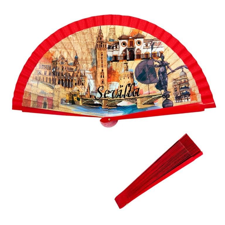 DRW Abanico Madera Decorado con imagenes de Sevilla Rojo 42 cm