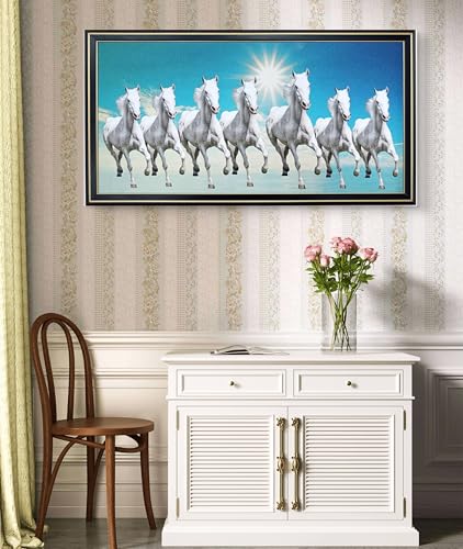 Elegance vastu 7 running white horses with sunrise painting picture photo frame for home decor living room bedroom office hotels gifts Painting size - 13.25 Height x 25.25 Length Inch