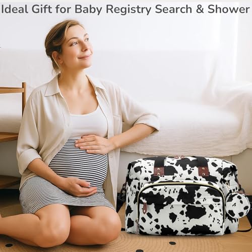 Image of Tenot Diaper Bag Tote with Pacifier Case, Baby Bag for Women with Shoulder Straps, Travel Diaper Tote for for Mom and Dad Cow Print