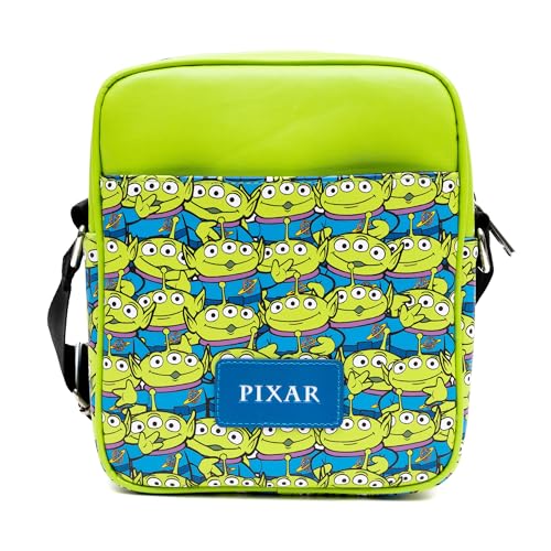Disney Vegan Leather Crossbody Bag with Front Pocket, Toy Story Alien Bodice and Stacked Aliens Green Blue, 7.5" x 9"3