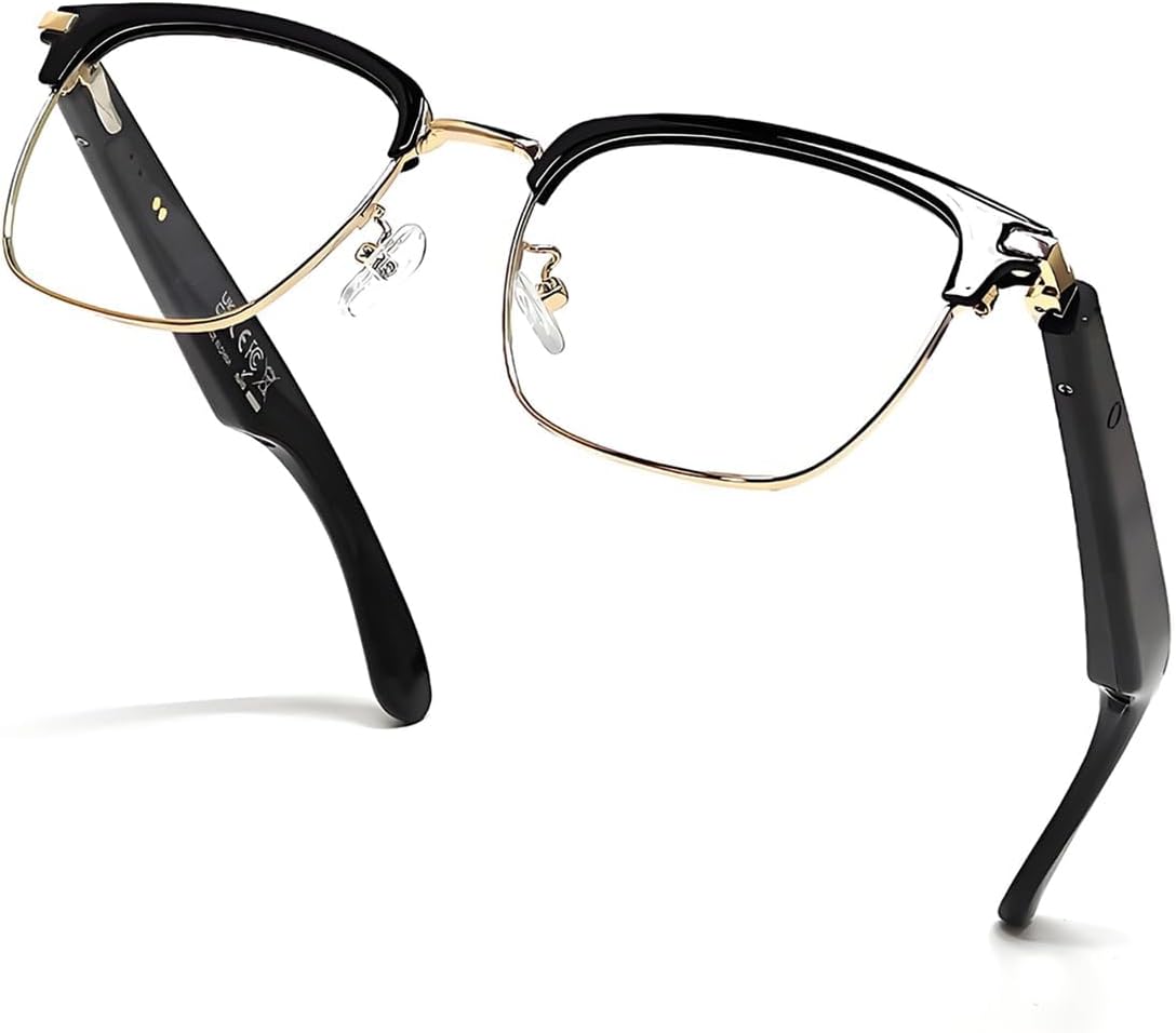 QJF Bluetooth Blue Light Glasses for Women Men, AI Voice Assistant, Open Ear Speakers, Clear Bluelight Filtering Smart Glasses (Gold-Black)