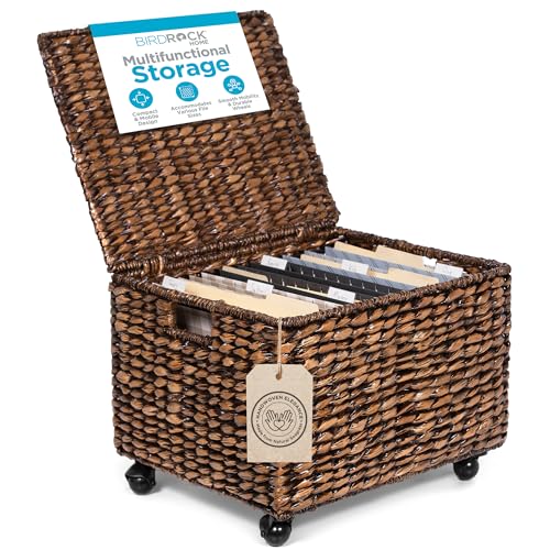 BIRDROCK HOME Rolling File Cabinet with Lid | Small Wooden Under Desk Organizer | Seagrass Basket...