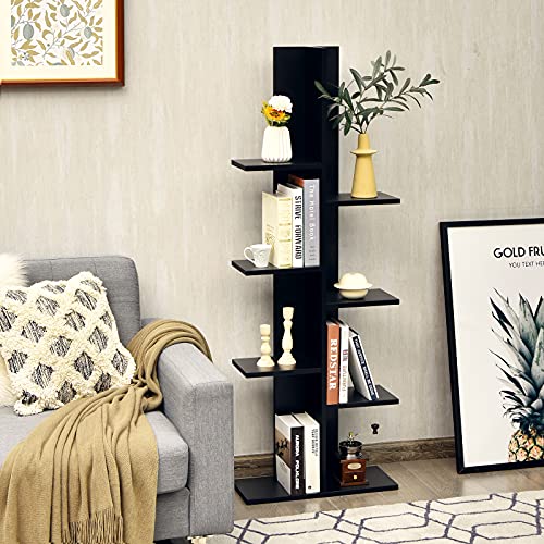 Tangkula 8 Shelf Bookshelf, Wooden Tree Bookcase With 8 Book Shelf, 20”L X 8”W X 55.5”H, Freestanding 8 Tier Storage Display Shelf With Anti-Toppling, Corner Shelf For Living Room Home Office (Black) #TOP3