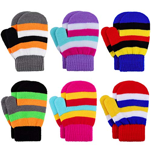 Cooraby 6 Pairs Warm Toddler Mittens Magic Stretch Kids Gloves Striped Mittens for Boys and Girls
