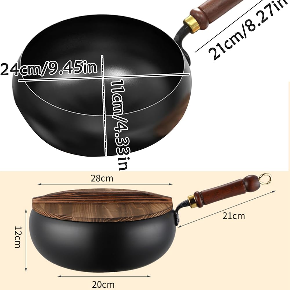Padella in ferro giapponese con coperchio in legno, padella in ferro fatta a mano, multifunzione non accelerato, manico anti-scene, stoviglie in legno di ferro, diametro 24/28 cm (28 cm + coperchio in