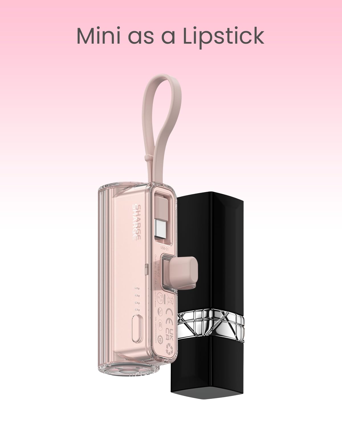 SHARGE Flow Mini cargador portátil, mini banco de energía de 5000 mAh con enchufes dobles y cable integrado, batería externa USB-C Lightning para iPhone 16, 15, 14, Galaxy S23, Note20