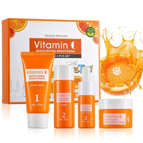4-teilig Vitamin C Skincare Set, Geschenke für Teenager Mädchen mit Gesichtsreiniger, Toner, Serum & Creme, Hautpflege Set für Damen, Anti Aging & Nährend Gesichtspflege Set Damen,Reisegrößen Produkte
