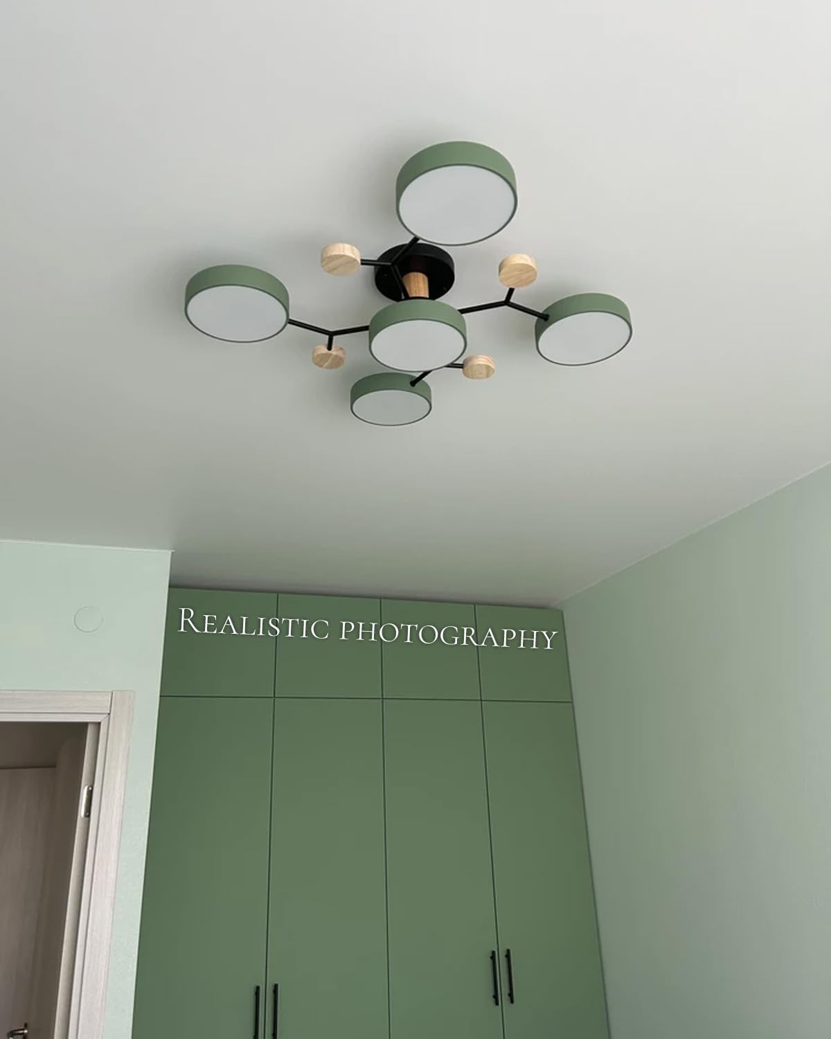 Modern LED Ceiling Lights Fixture 30" Dimmable Round Ceiling Lights for Bedroom 60W Wooden Chandelier for Living Room Kitchen Bathroom Bedroom Lamps (Green-5 Light)