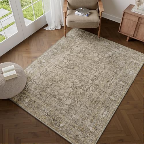 Brown Area Rug 4x6 Office Entryway Rug Machine Washable Kitchen Vintage Distressed Non Slip Carpet Indoor Retro Floral Accent Throw Door Mat for Bathroom Bedroom Dining Living Room