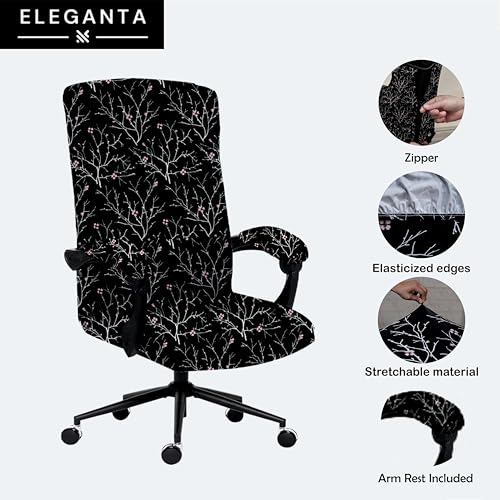 Image of Eleganta Stretchable Elastic Boss Office Chair Cover with Handle Covers, Polyester Spandex, Branch Black (Pack of 4)