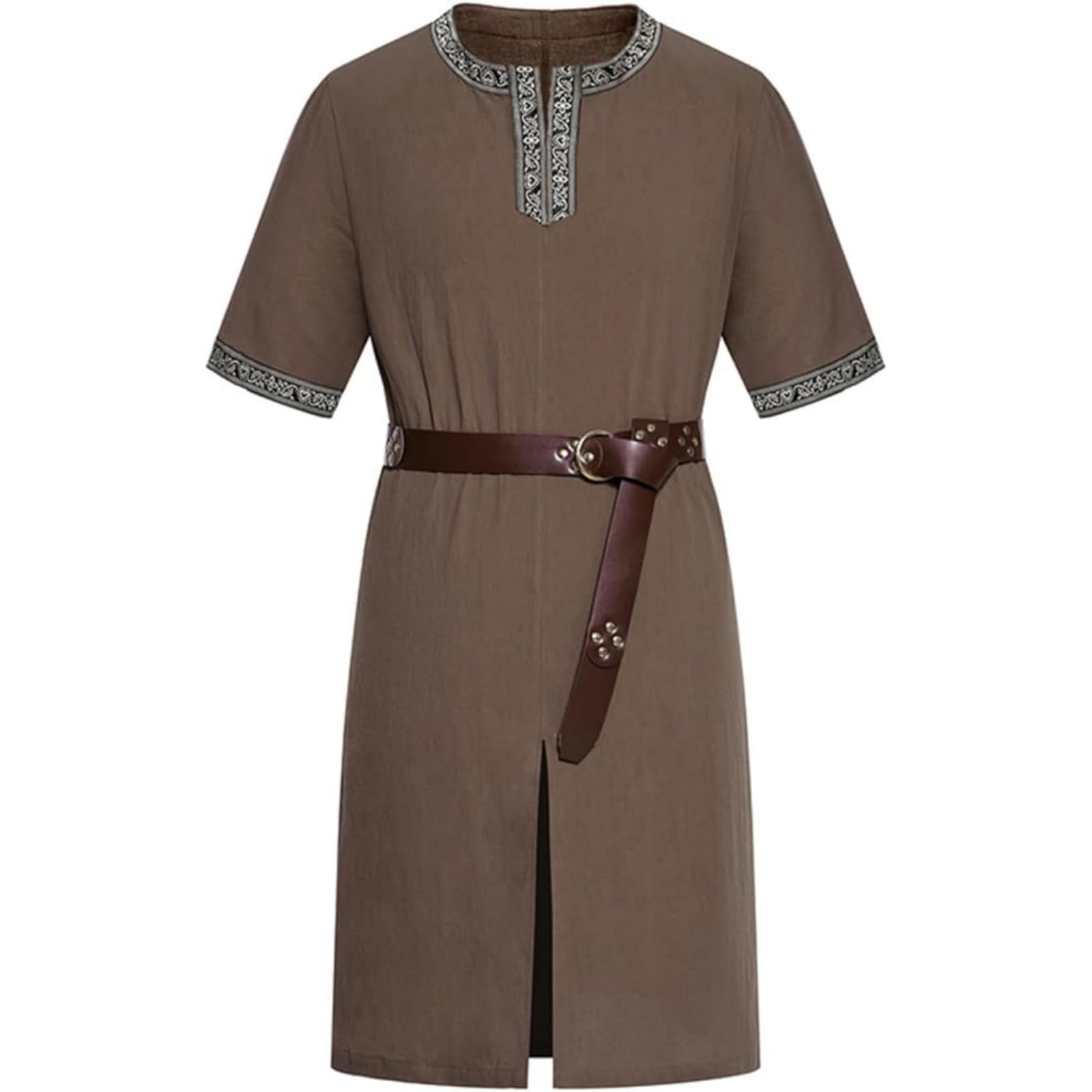 HAPNBCELE Mens Medieval Tunic Costume with Belt, Renaissance Fair LARP Outfits Viking Knight Warrior Pirate Cosplay Halloween (XXL, Brown)