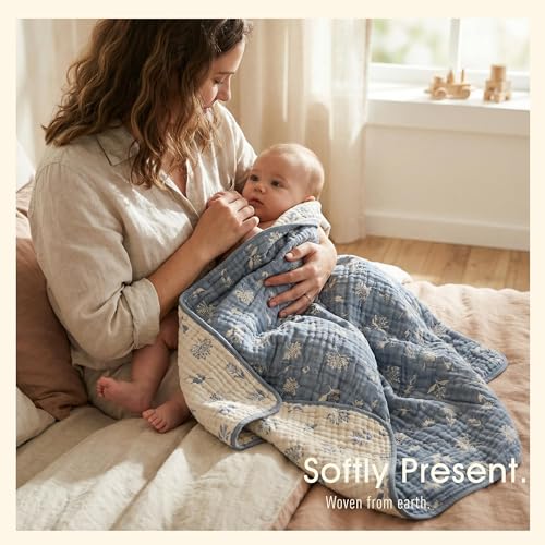 Image of 6-Layer Muslin Baby Blanket - Made with Organic Cotton, Earthy Botanicals Jacquard Swaddle & Crib Quilt, 43 inch x 43 inch (Navy Blue Floral)