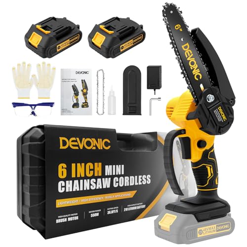 DEVONIC Mini Chainsaw Cordless,Portable Handheld Chain Saw Battery Powered with Safety Lock and Overload Protection for Wood Cutting, Tree Trimming,and Garden (6inch Chainsaw +2 Batteries)