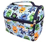 Lunch Box for Toddlers Kids Boys, Insulated Bag for Baby Boy Girl Daycare Pre-School Kindergarten, Container Boxes for Small Kid Snacks Lunches, 2 Compartments, Blue Orange, Cute Monsters