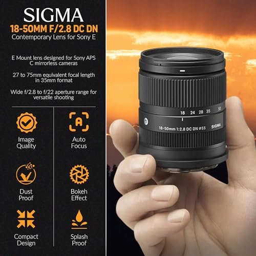 Image of Sigma 18-50mm f /2.8 DC DN Contemporary Lens for Sony E - Bundle with 55mm Filter Kit, Case, Cleaner, Cleaning kit, Movo Sling Strap, Cap Tether
