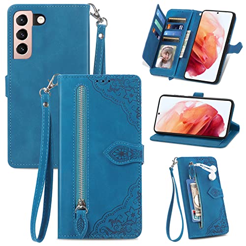 Housse Samsung S21 5G antichoc avec fermeture éclair et rangement cartes bleu
