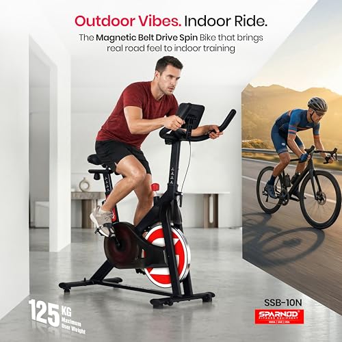 Image of Sparnod Fitness SSB-10N Magnetic Spin Bike for Home Use - Ultra-Silent Belt Drive, 10kg Precision Flywheel, 4-Way Adjustable Seat & Handlebars, Heavy-Duty Steel Frame with LCD Monitor, User Weight 125kg
