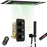 Luxury Shower Faucets Set Digital Shower System 20X14Inch Led Modern Rainfall Shower with Handheld Run Simultaneously, Matte Black Shower Fixture with Glowing Icon Temperature Display Brass Valve