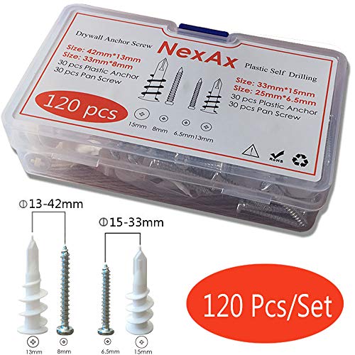 Drywall Anchors, 120pcs Plastic Self Drilling Hollow Wall Anchor with Tapping Screws Assortment Kit in 2 Sizes