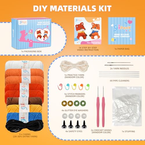 Image of Gipony Crochet Kit for Beginners Animal,Crochet Animal Kits,Crocheting Kit for Starters,Learn to Crochet with Step-by-Step Video Tutorials,Beginner Crochet Kits Adults(2 Pack ​Fox)