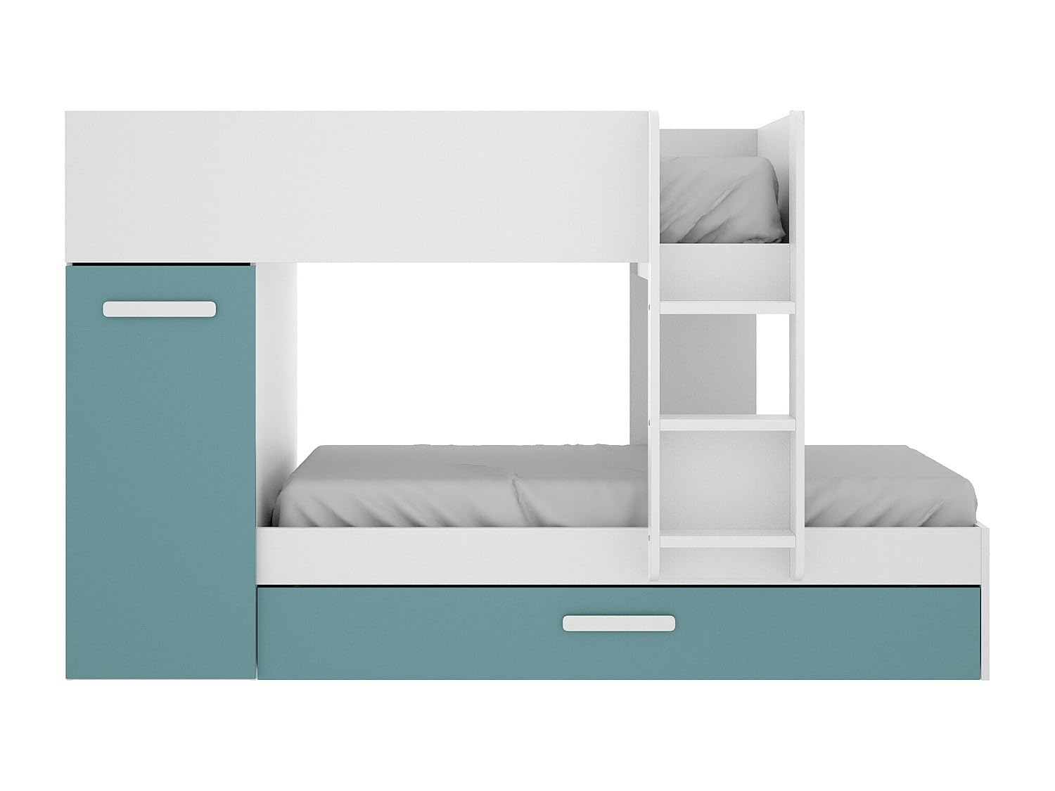 DEKIT GRUPO RIMOBEL TOM - Cama trem con armario y cama arrastre - Blanco/Esmeralda - 150 X 244 X 112