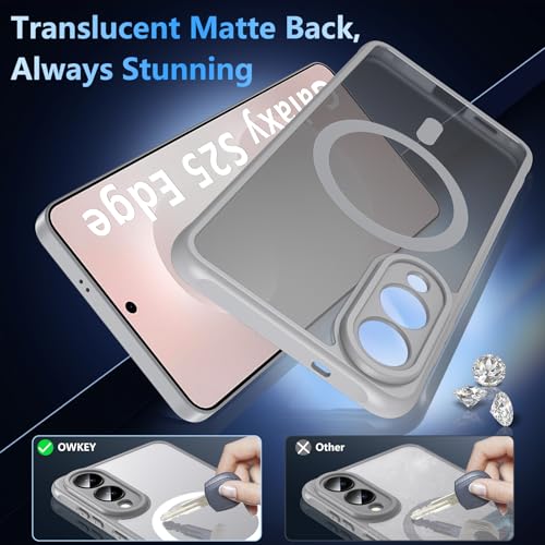 Image of OWKEY for Samsung Galaxy S25 Edge Case 6.7'', Magnetic S25 Edge Case for Magsafe with Tempered Glass Screen, [Shockproof Military] Translucent Back Slim Bumper Cover Phone Case Galaxy s25 Edge, Gray