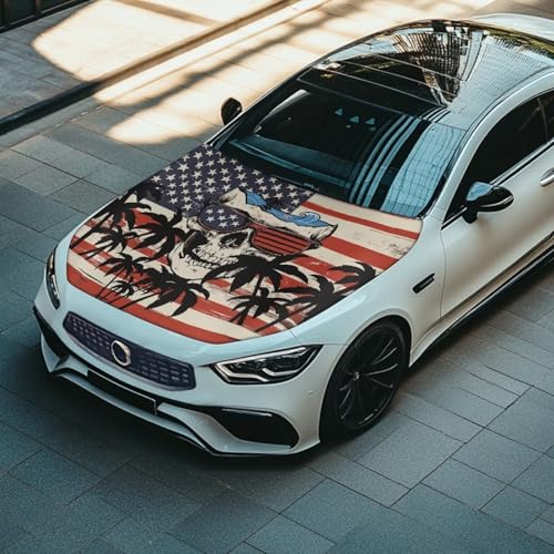 Image of American Flag Skull Design Car Hood Cover Elastic Polyester Vehicle Hood Flag Waterproof Sun-Proof Automotive Exterior Accessories for Most Sedans SUV Trucks Van