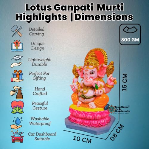 Image of Lotus Seated Ganesh Idol | Ganesh Sitting on Lotus Flower Murti | Divine Ganpati Murti for Home Mandir & Office Decor | Ganpati Murti for Puja & Gifting (Marble,15 CM)