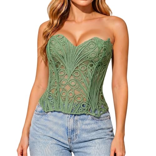 Bistonny Green Corset Tops for Women Lace Up Overbust Bustier Sexy Floral Lace Waist Cincher Going Out Club Party Y2K Tops XX-Large