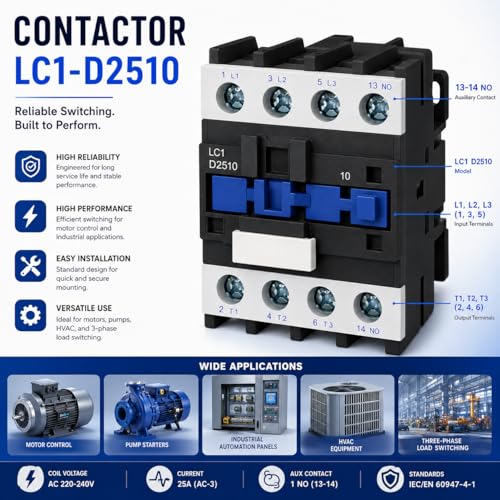 Image of SANAVYA 25A (2510) 220 /230VAC, 50Hz Coil, 1NO 1NC, 3 Pole Power Contactor Switch, Thermosetting Plastic DIN Rail Contactors for Electrical ON /Off