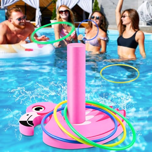 Hiboom Pool Ring Toss Games Toys Swimming Pool Games for Adults and Family with 6 Pcs Throwing Rings Water Foam Toss Float Toys for Summer Outdoor Beach Yard Party(Flamingos)