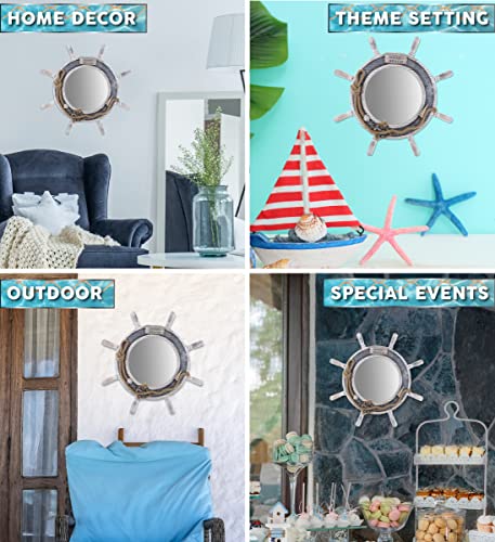 CoTa Global Silver Sea Beach Wall Decor Nautical Ship Wheel Mirror - Handcrafted Wooden Ship Wheel Mirror with Hanger, Nautical Themed Home Decor, Decorative Ornament - Image 4