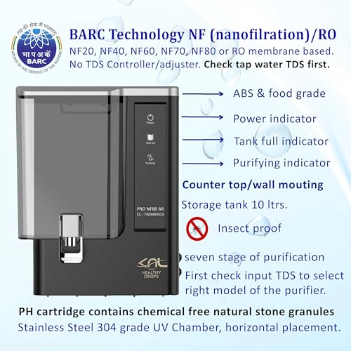 Image of KNL PRO NF80 AR, SS 304 UV, Nanofiltration + pH regulator, for raw water TDS 750-1400 ppm, Reduces TDS (80-90)%, Nano water purifier, no TDS adjuster, 10 ltr storage + TDS meter