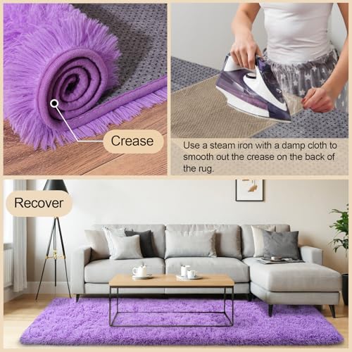 3x5 Rugs for Bedroom, Fluffy Area Rugs for Living Room, Soft Shag Kids Rug Small Carpet with 4 Non-Slip Rug Pads (Purple, 3ft x 5ft)