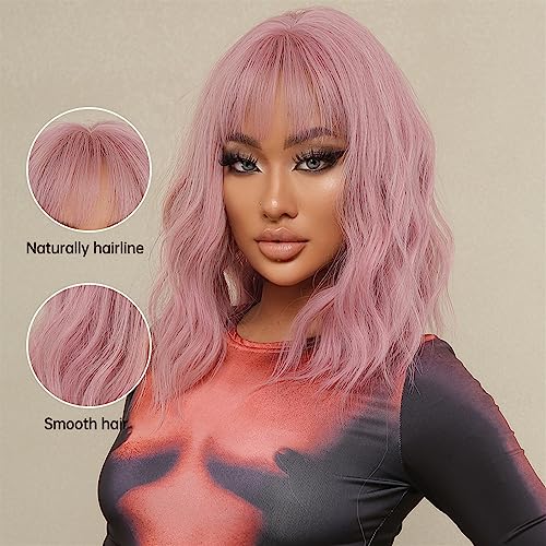 Pelucas para mujeres de fibra sintética resistente al calor rosa bob ondulada 3