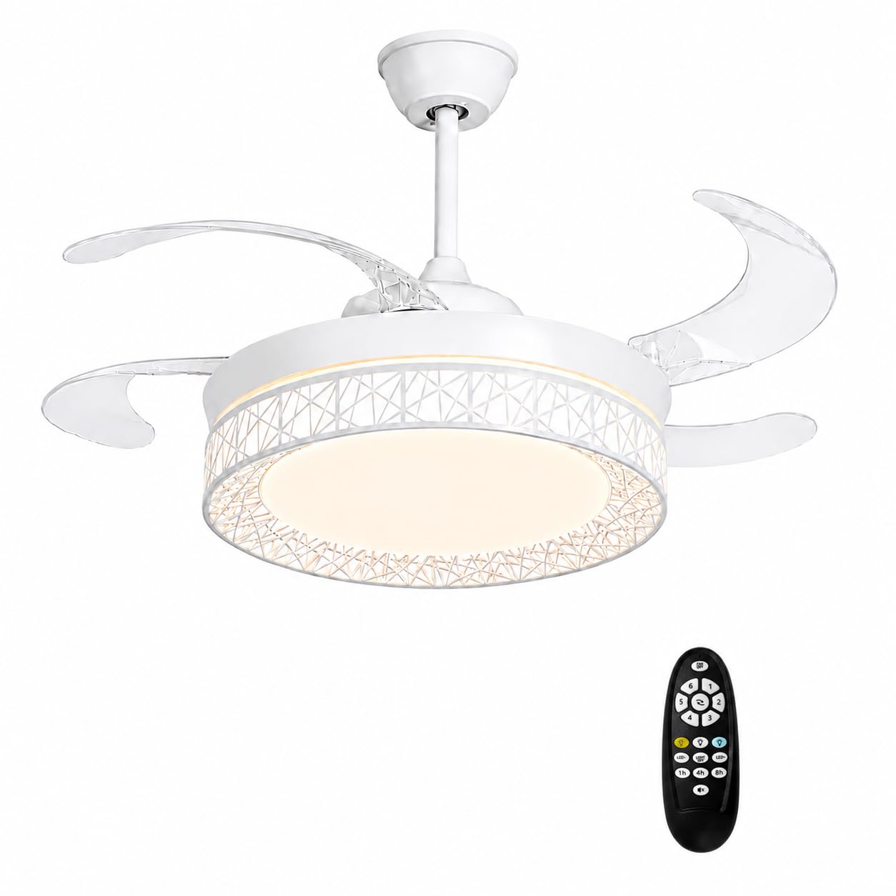 ONSSI Ventilatore da Soffitto con Luce LED 66W (36W/luce+DC30W/motore),con Telecomando per Cambiare la Temperatura di Colore, Invisibile e Lame Retrattili 6 Velocità, Ventilatore per Soggiorno Bianco