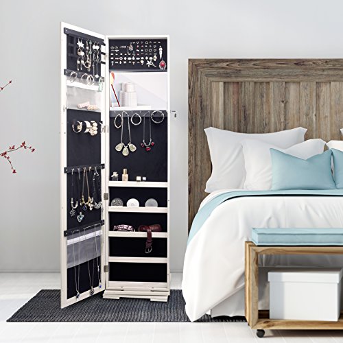 TWING Jewelry Organizer Jewelry Cabinet 360 Rotating , Lockable Standing Wall Jewelry Armoire with Full Length Mirror Large Jewelry Armoire Cabinet(White with wood grain)