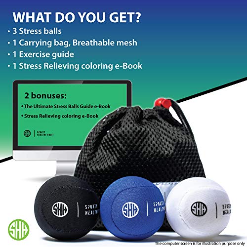 Hand Therapy Stress Ball 3 Pk for Adults and Kids - Relieve Stress/Strengthen Hands Fingers + Wrists - 3 Firmness Levels - Bonus Carry Bag - Ebook Exercise Guide and E-Coloring Book