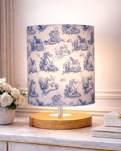 Image of Homesake Small Pine LED Table Lamp-Wooden Bedside Lamp Simple Bedroom Light Linen Shade Mini Desk Lamp Nightstand Lamps for Bedroom, Living Room, Gift, (Clip Printed Shade)
