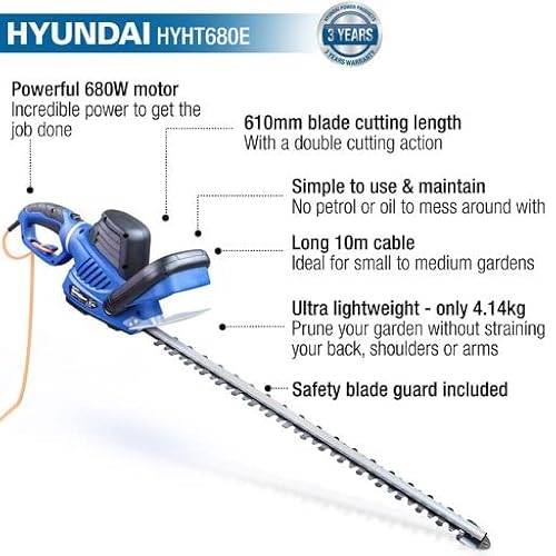Hyundai 680w 610mm Corded Electric Hedge Trimmer Pruner, Rotatable Handle, 10m Power Cord, Handle Branches Up To 24mm In Diameter, 4.14kg, 3 Year Warranty 3 Hyundai 680w 610mm Corded Electric Hedge Trimmer Pruner, Rotatable Handle, 10m Power Cord, Handle Branches Up To 24mm In Diameter, 4.14kg, 3 Year Warranty - Image 3