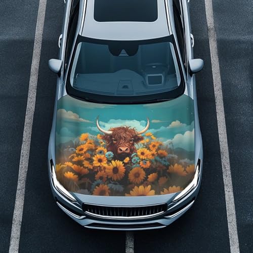 Image of Highland Cow Car Hood Cover, Rural Sunflower Field Elastic Auto Hood Protector Stretchable Polyester, Farm Diary Cattle Car Bonnet All-Season Protection