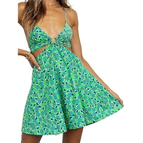 Angelegant Women's Straps Mini Beach Dress Sleeveless Summer A Line Short Dress (M, Floral Green) Cover