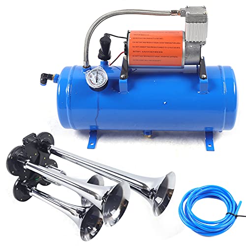 HauTour Compresor de aire de 12 V con 2 bocinas de aire Trumpet Train Kit 150PSI con depósito de 3 L para vehículos, motores de automóviles, bicicletas, neumáticos, pelotas, juguetes y barcos, color