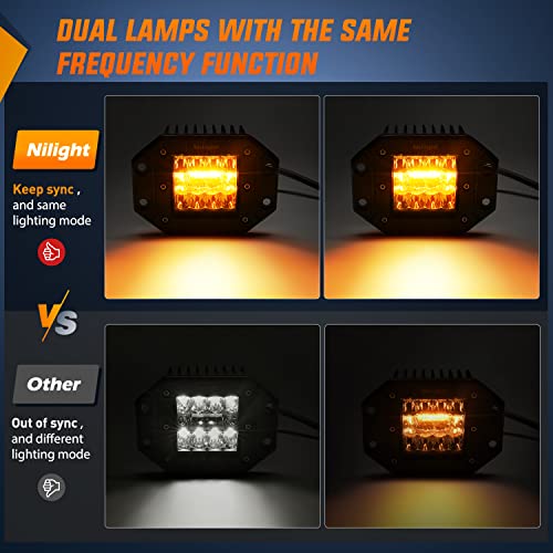 Image of Nilight 2PCS 42W Light Pods Flush Mount Spot Flood Amber White Strobe 6 Modes Memory Function for Fog&Snow Off-Road Truck Car ATV JEEP Cabin Boat with 16AWG Wiring Harness Kit-2 Leads